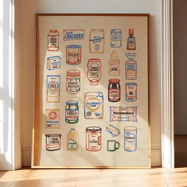 Hand Drawn USA Pantry Collage, Kitchen Art Print