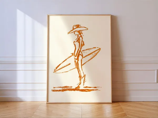 Cowgirl Surfer Orange Ink Sketch Art Print