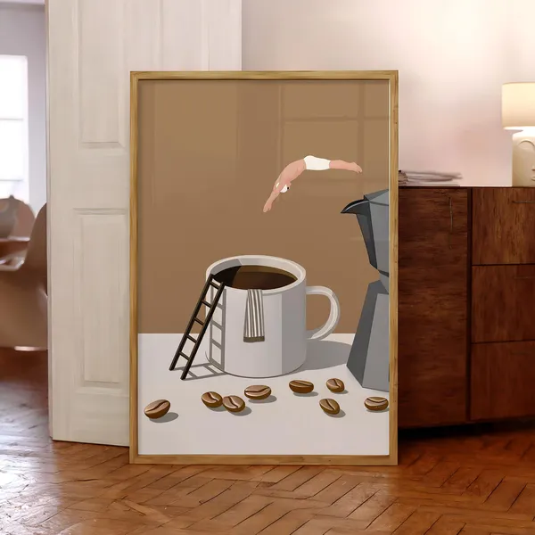 Coffee Diver Surreal Minimalist Espresso Art Print