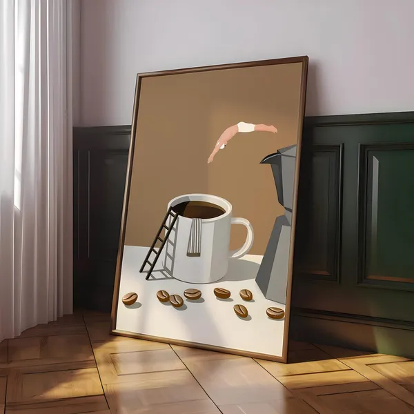Coffee Diver Surreal Minimalist Kitchen Art Print