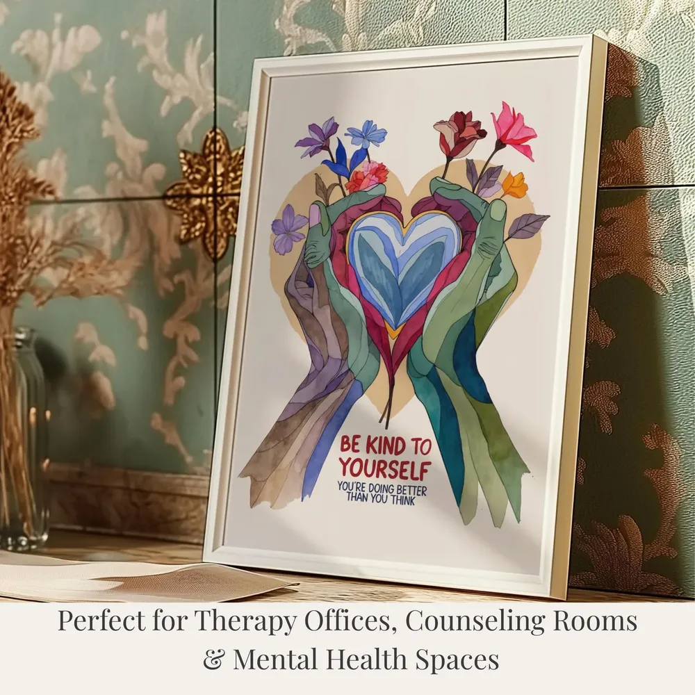 Be Kind to Yourself Watercolor Heart Hands Uplifting Quote Art Poster - Image 4