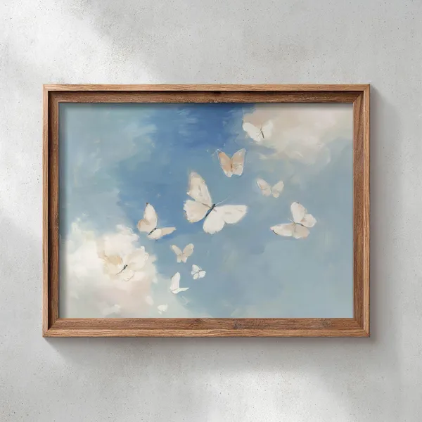 Cream Butterflies In Soft Blue Sky, Poster Print