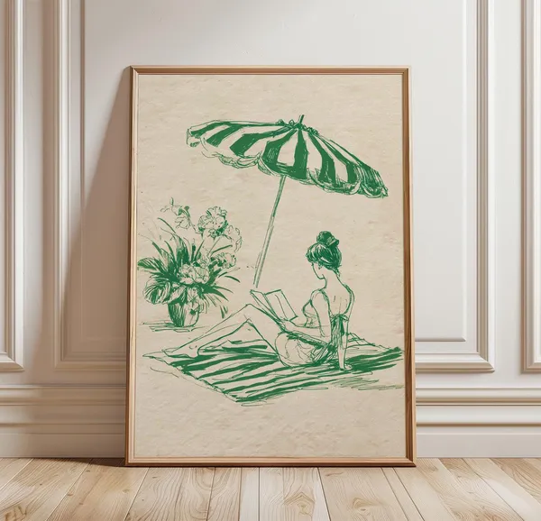 Beach Reading Minimal Line Art Woman Art Print