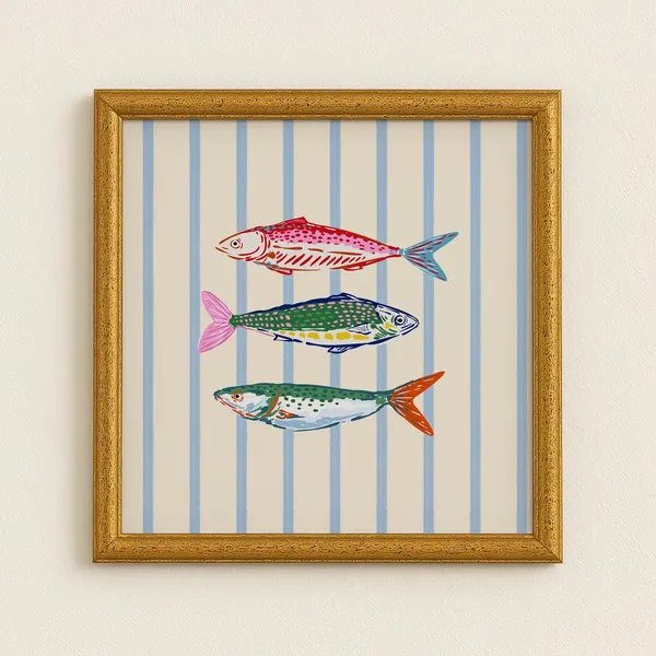 Colorful Fish Trio Blue Stripe Coastal Beach Cottage Kitchen Poster