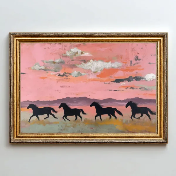 Running Horses Pink Desert Sunset Landscape Print