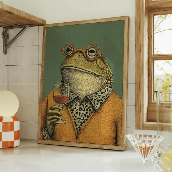 Frog With Wine Poster, Anthropomorphic Animal Print
