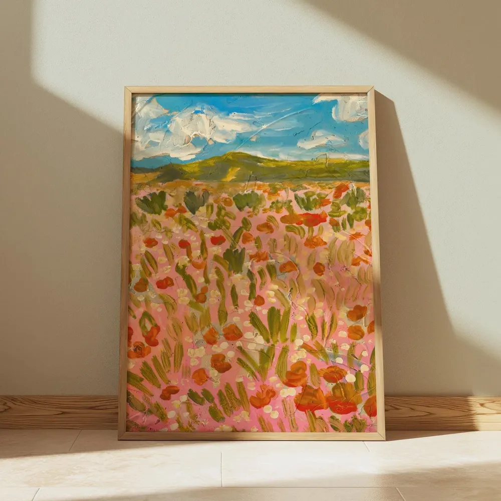 Pink Poppy Field Impressionist Blooming Wild Meadow Art Poster