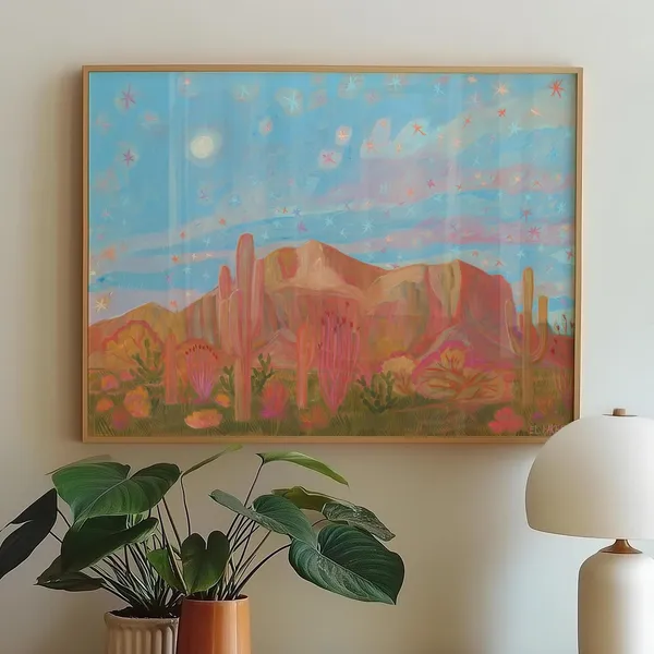 Pink Mountain Cactus Vintage Western Art Print