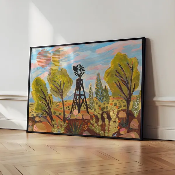 West Texas Windmill Art Print, Big Bend Desert Landscape