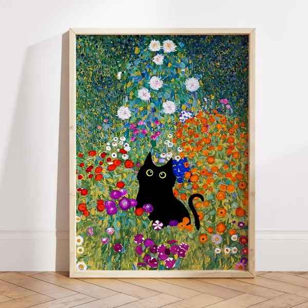 Gustav Klimt Garden Cat Poster, Floral Gift