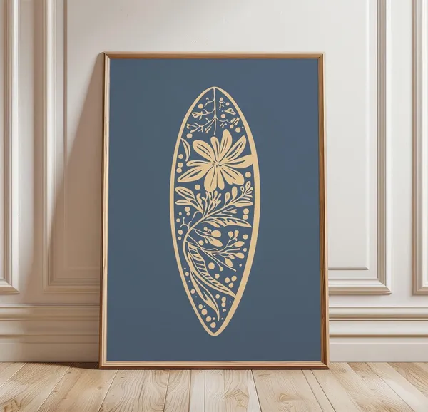 Surfboard Silhouette Coastal Botanical Art Print