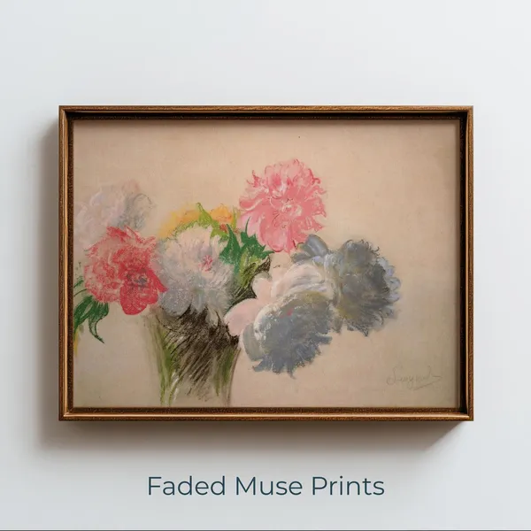 Vintage Pastel Peony Bouquet Drawing, Art Print