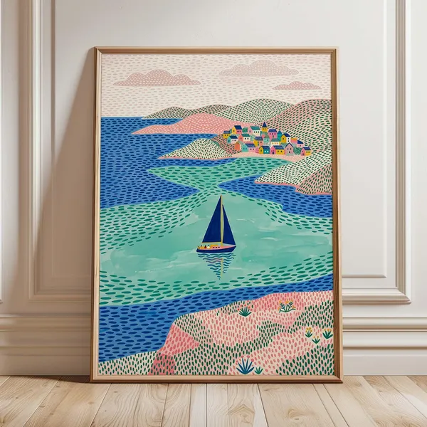 Coastal Sailboat Art Print, Mediterranean Village Poster