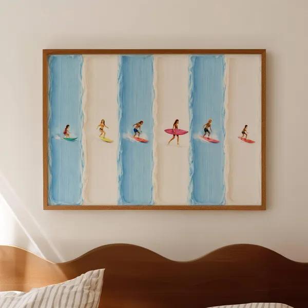 Minimalist Tiny Surfers Art Print, Ocean Beach