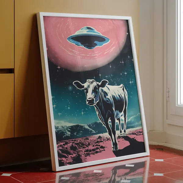 Cow Abduction Retro Sci Fi Poster, Alien Decor