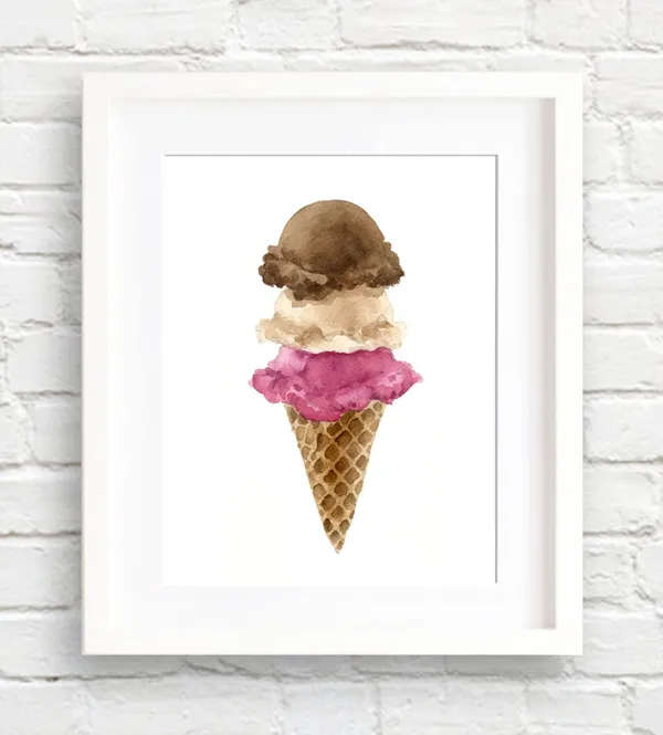 Ice Cream Cone Watercolor Art Print, Kitchen Decor