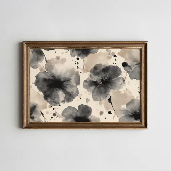 Moody Black Ink Floral Art Print, Monochrome