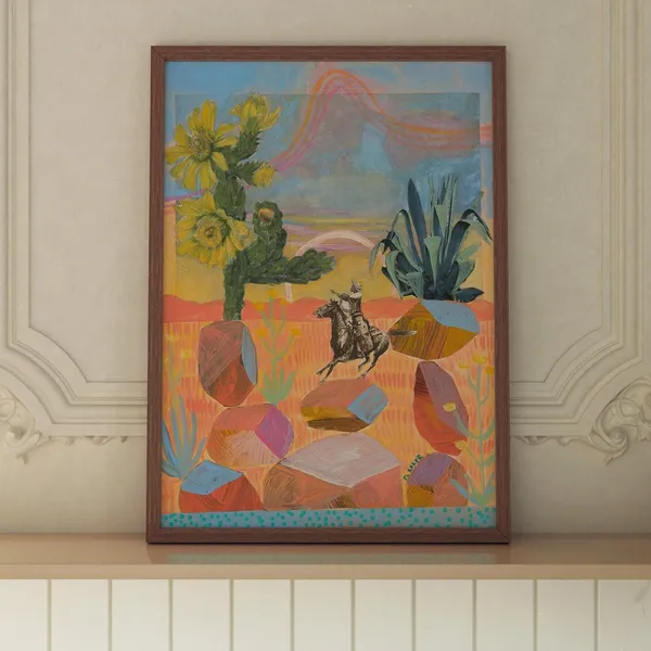 Southwestern Desert Landscape Poster, Cowboy Cactus Collage