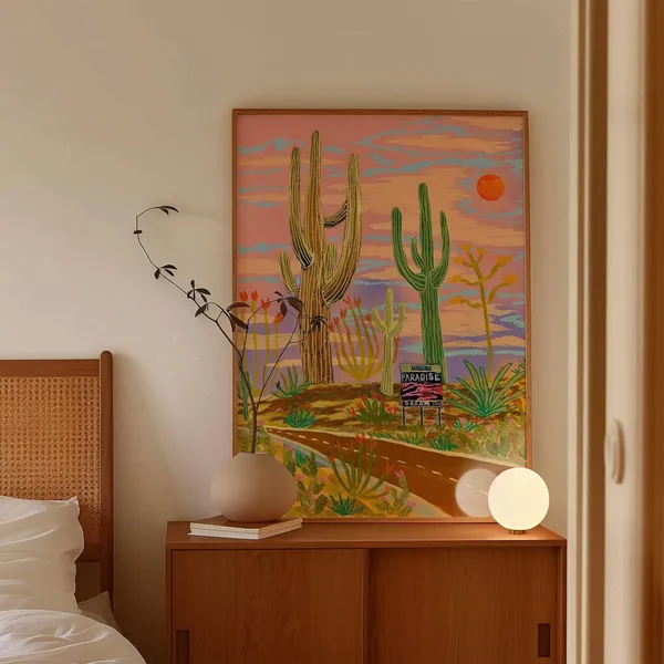 Saguaro Cactus Highway Vintage Desert Landscape Art Print