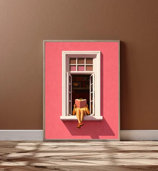 Woman Reading In Window, Minimalist Modern Art Print