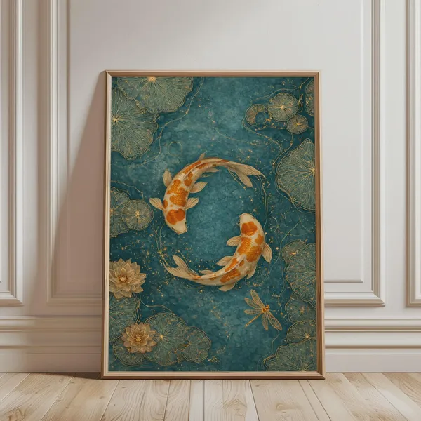 Japanese Koi Fish Art Print, Japandi Home Decor