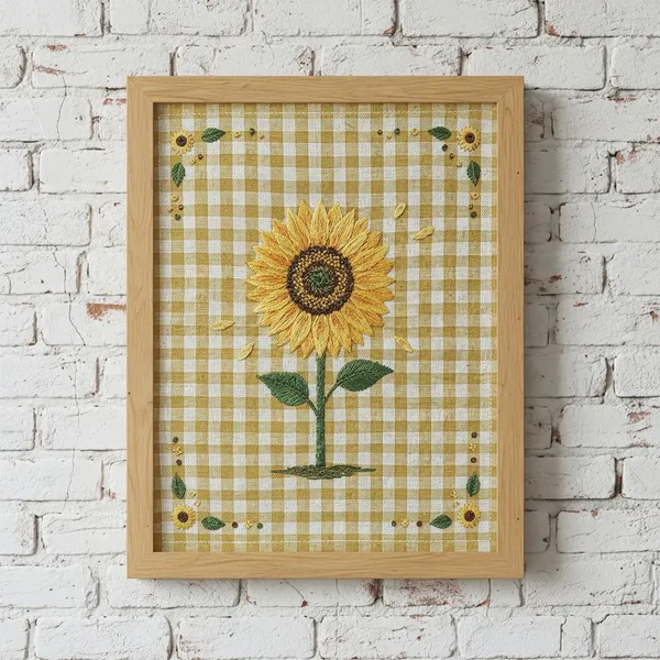 Embroidered Sunflower Print, Cottagecore Botanical Poster