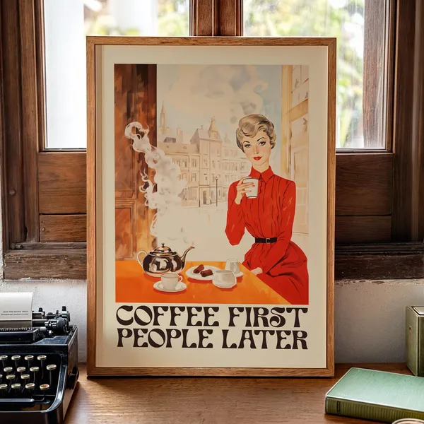 Coffee First People Later Vintage Cafe Poster