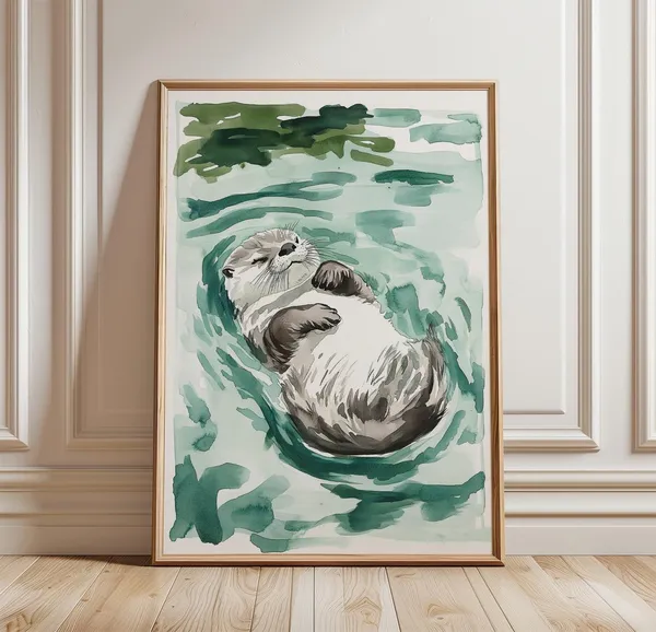 Floating Otter Watercolor Poster, River Art Print
