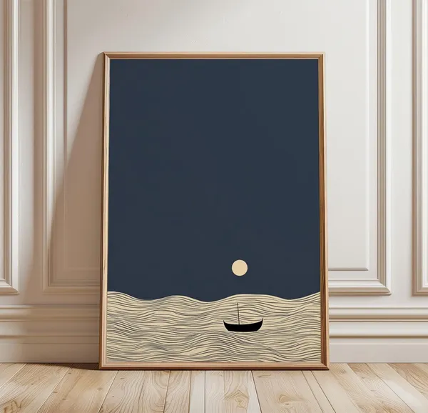 Minimal Ocean Night Poster, Moonlit Sea Boat Art Print