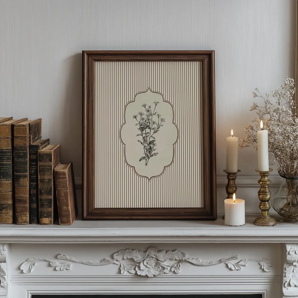 Vintage Botanical Wildflower Line Art Striped Cream Garden Poster - Image 2