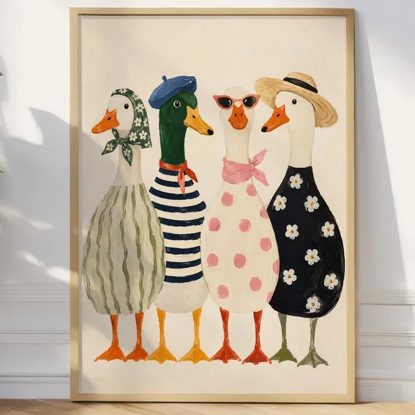 Whimsical Goose Family Poster, Cottagecore Vintage Decor