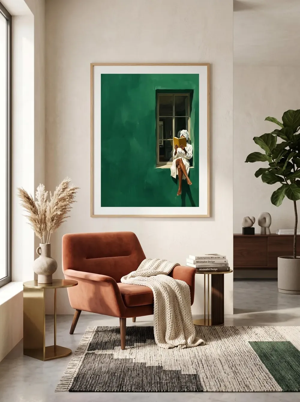 Woman Reading in Emerald Window Quiet Luxury Cozy Art Poster - Image 2
