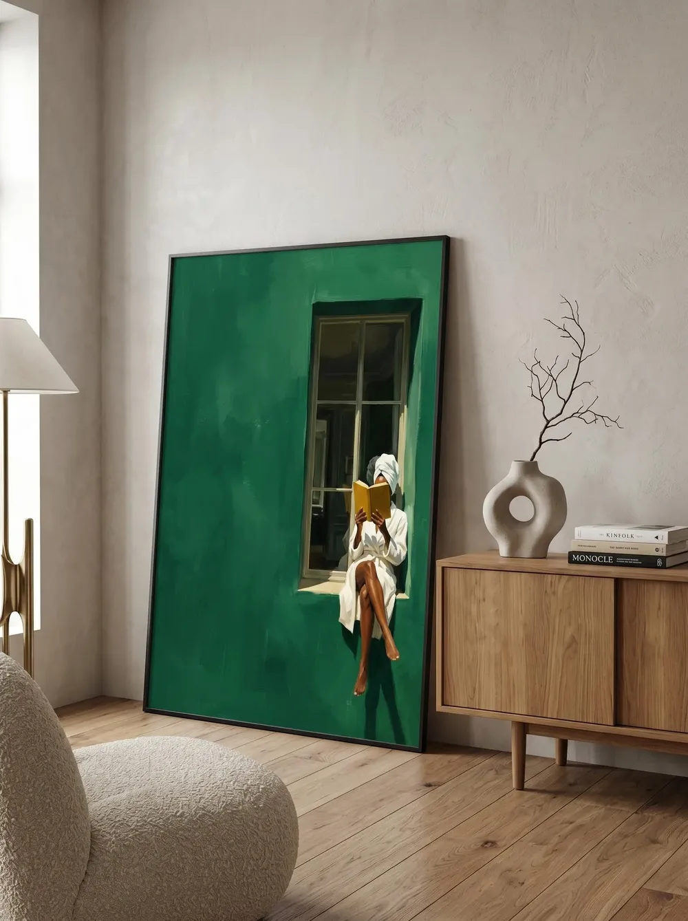 Woman Reading in Emerald Window Quiet Luxury Cozy Art Poster - Image 5