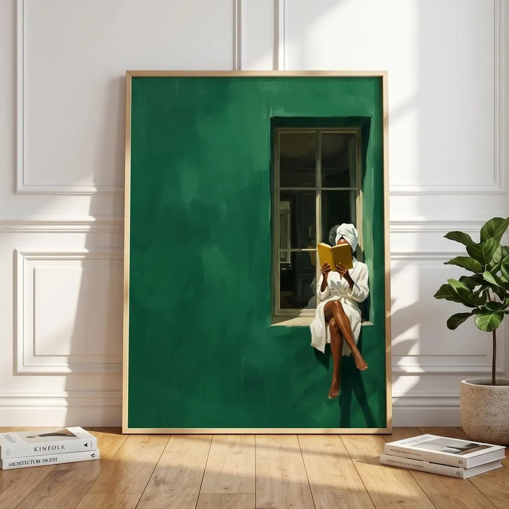 Woman Reading in Emerald Window Quiet Luxury Cozy Art Poster