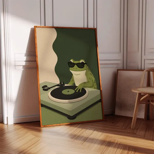 Frog DJ Playing Vinyl Record Retro Poster