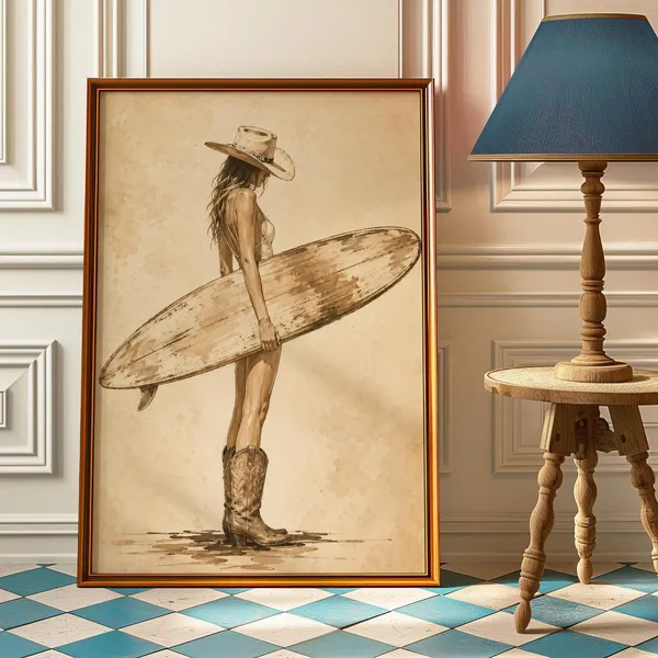 Beach Cowgirl Poster, Vintage Coastal Surf Art