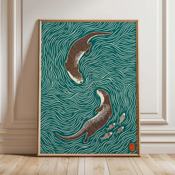 Otter Japanese Woodblock Style Art Print