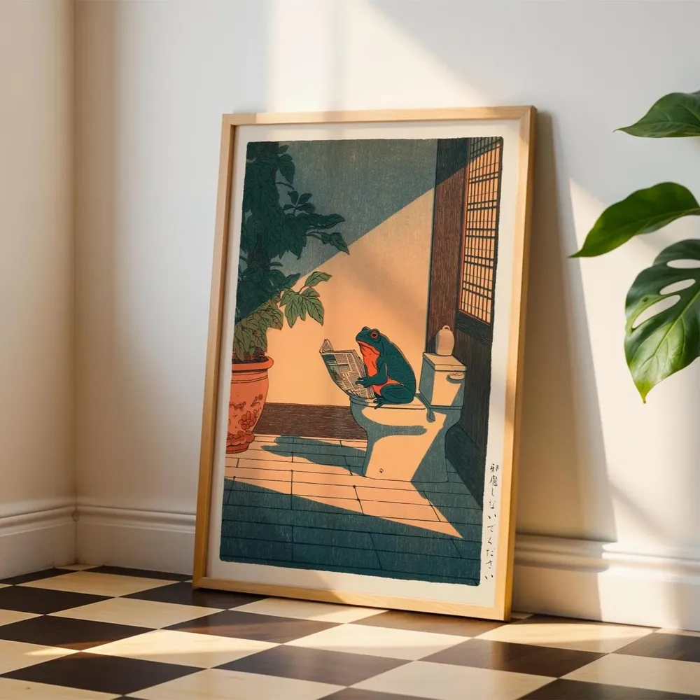 Japanese Frog on Toilet Reading Funny Woodblock Style Poster - Image 6
