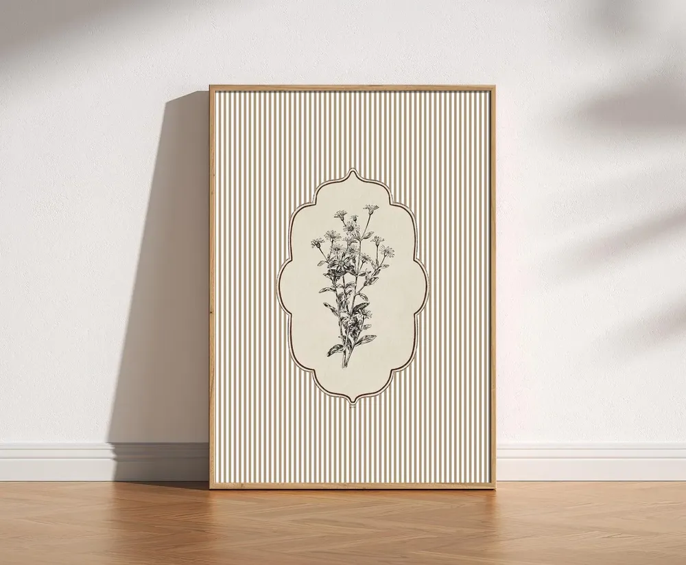 Vintage Botanical Wildflower Line Art Striped Cream Garden Poster