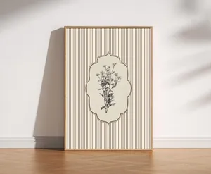 Vintage Botanical Wildflower Line Art Striped Cream Garden Poster