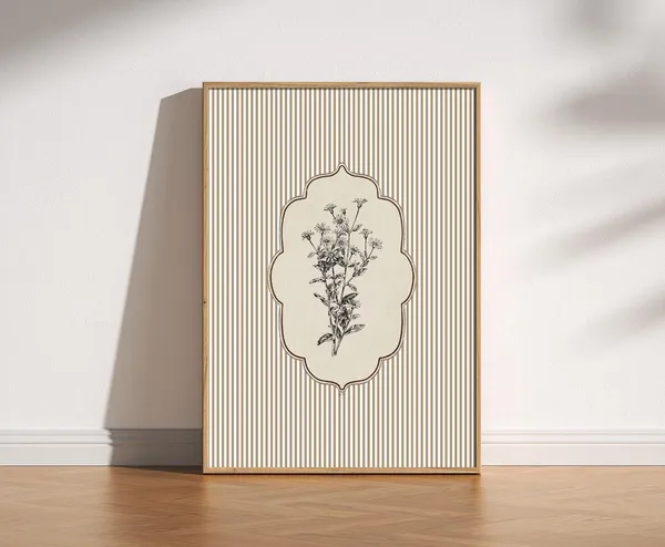 Vintage Botanical Wildflower Line Art Striped Cream Garden Poster