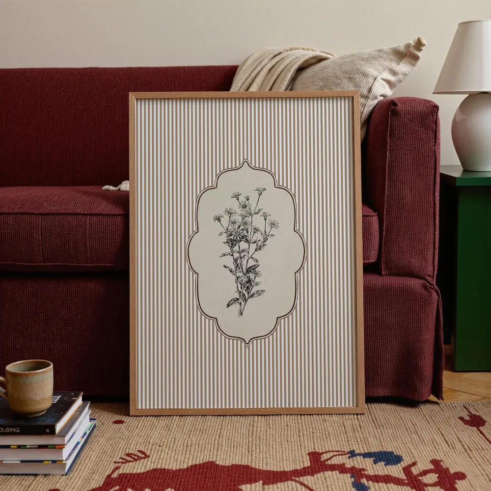Vintage Botanical Wildflower Line Art Striped Cream Garden Poster - Image 4