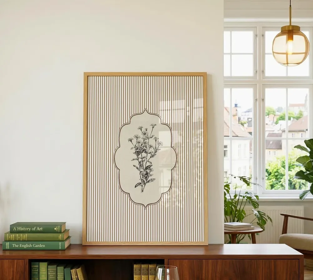Vintage Botanical Wildflower Line Art Striped Cream Garden Poster - Image 3