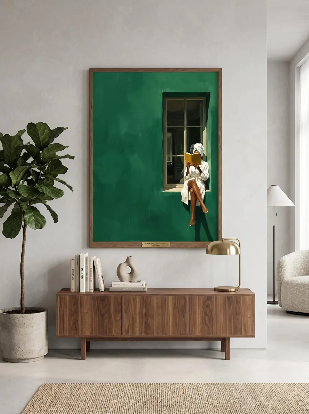 Woman Reading in Emerald Window Quiet Luxury Cozy Art Poster - Image 3