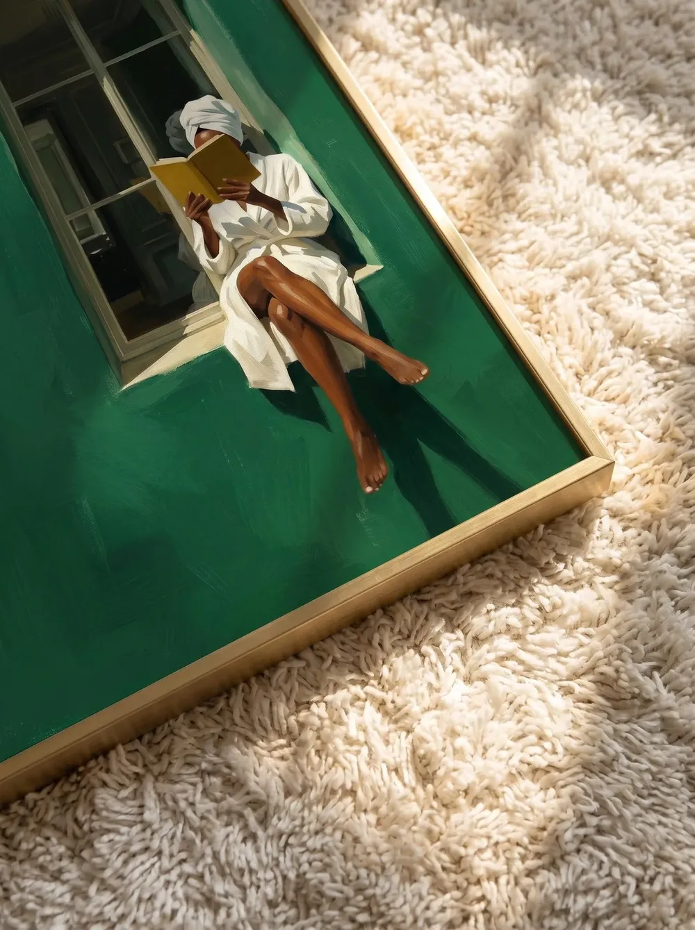 Woman Reading in Emerald Window Quiet Luxury Cozy Art Poster - Image 6