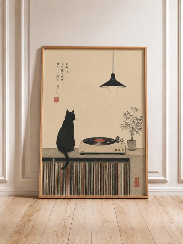 Japanese Black Cat Vinyl Record Player Minimalist Music Poster