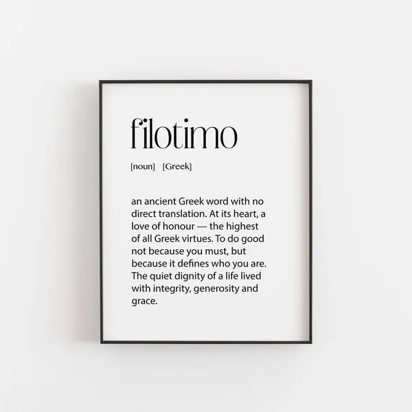 Filotimo Definition Print, Greek Word Virtue Poster