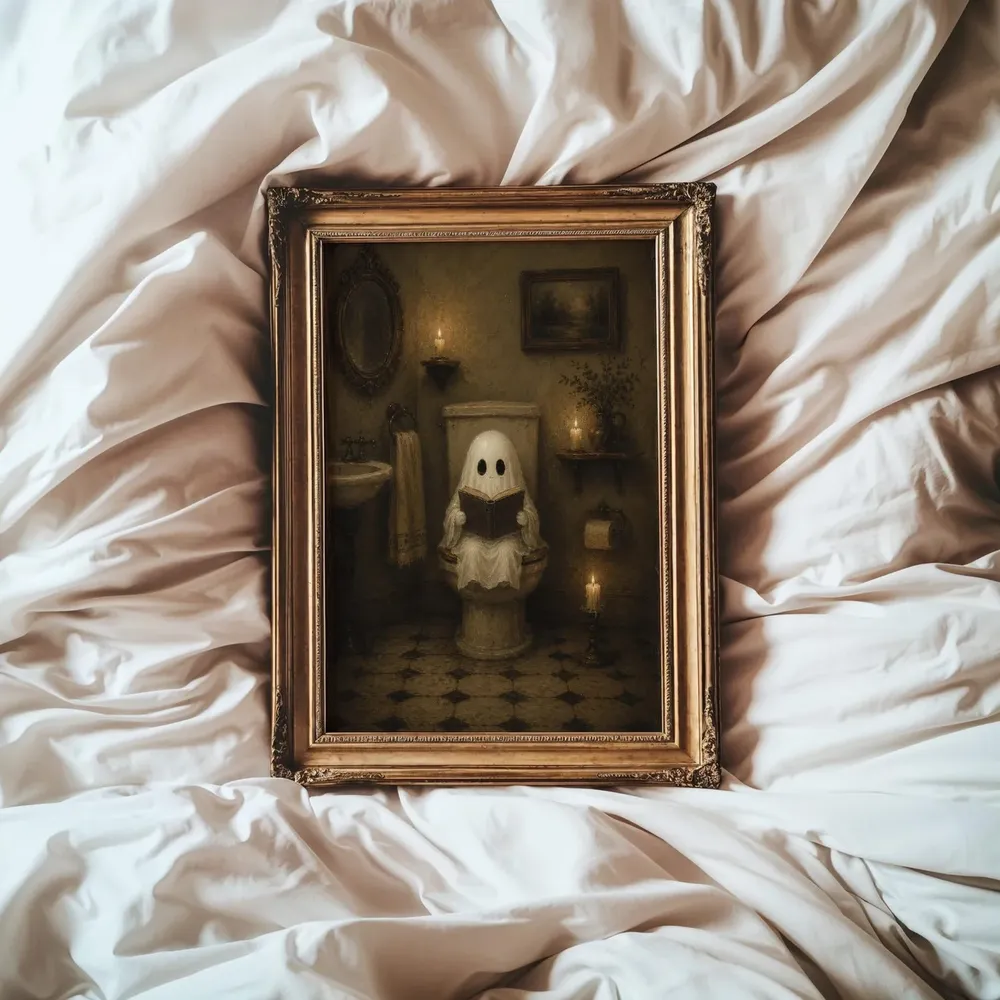 Cute Ghost Reading on Toilet Spooky Funny Bathroom Night Poster - Image 2