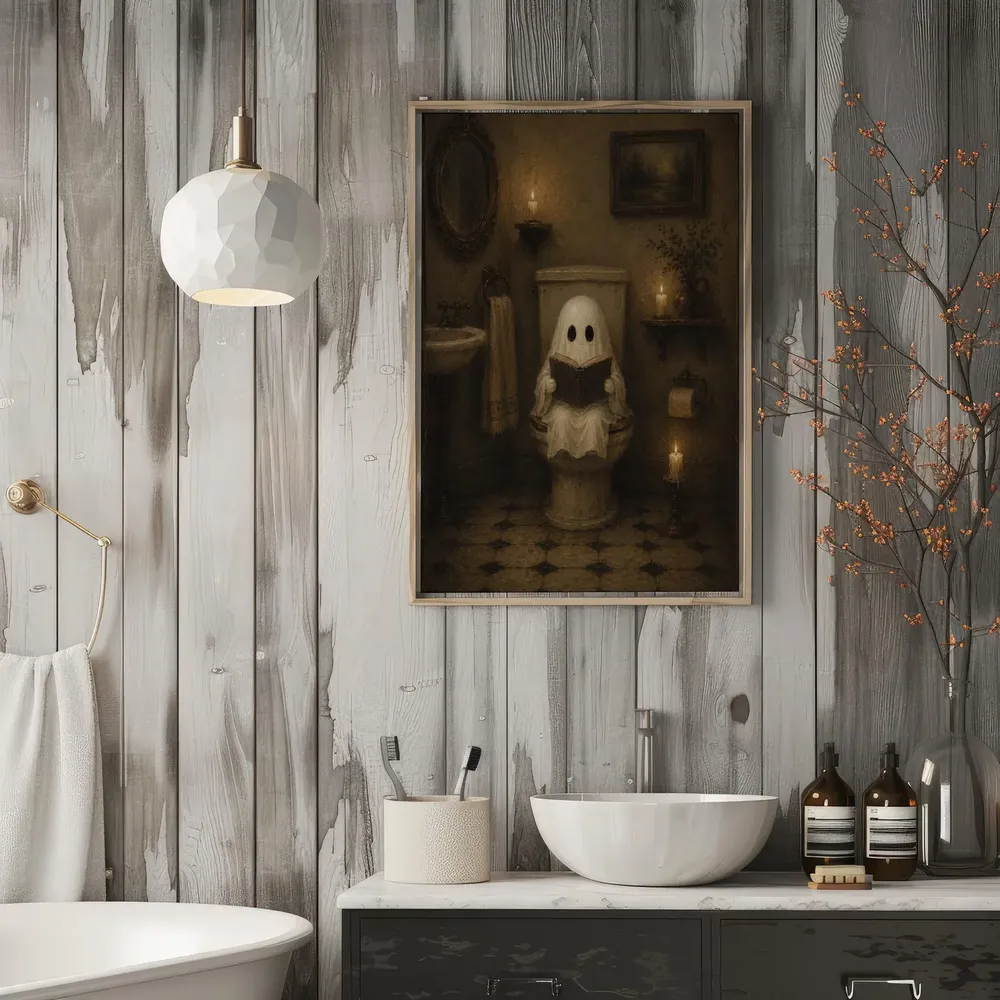 Cute Ghost Reading on Toilet Spooky Funny Bathroom Night Poster - Image 4