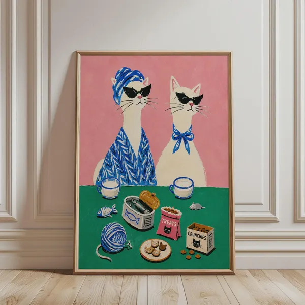 Retro White Cats Dining Room Art Print
